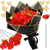 25 Sets Ribbon Rose Bouquet Diy Fake Roses With Stems Faux Flowers Bouquet Kit Wrapping Paper Crown 3D Butterflies For Christmas Anniversary Birthday Wedding Gift(Red)