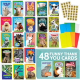 48 Funny Thank You Cards With Colorful Envelopes And Gold Stickers - Bulk 4X6” Boxed Set For Employee Appreciation Cards, Kids, Friends, Staff And Customers - Cute Animal Designs
