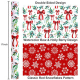 Christmas Wrapping Paper Roll, Red And Green Wrapping Paper, Reversible Elegant Watercolor Holly, Bow, Snowflake Christmas Themed Holiday Gift Wrap For Winter Celebrations (17 Inch X 33 Feet)