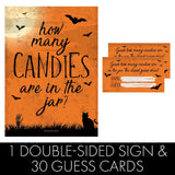 Halloween Party Game - Guess How Many Candies Are In The Jar Party Activity (1 Sign & 30 Guessing Cards)