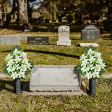 Artificial Cemetery Flowers For Grave, Set Of 2 Silk White Faux Lily Bouquet Flower Outdoor Graveyard Memorial Flowers For Cemetery Headstones Decoration