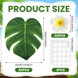 60 Pcs Tropical Party Decor Supplies 30 Pcs 8" Fak Monstera Leaves 30 Pcs 2.75" Artificial Plumeria Flower And Glue For Hawaiian Luau Jungle Beach Theme Table Wedding Party(White)
