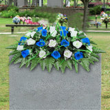 Artificial Cemetery Flower-Outdoor Grave Saddle Headstone Decorations,Blue And White Rose Memorial Day Flowers For Gravesite (Blue And White)…