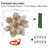10 Pcs Christmas Glitter Artificial Poinsettia Flowers 6 Inch Christmas Wreath Christmas Tree Flowers Ornaments Holiday Seasonal Decorations For Xmas New Year Wedding Party (Gold)