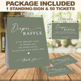 Baby Shower Diaper Raffle Game Set, Calligraphy Green Theme 1 Standing Sign & 50 Raffle Tickets, Baby Shower Game Kit, Gender Reveal Party Supplies - A15