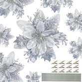 12 Pcs Poinsettias Artificial Christmas Flowers 5.5" Silver Glitter Poinsettias Christmas Decorations Xmas Tree Ornaments With Clips And Sticks