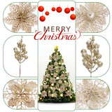 22Pcs Christmas Poinsettia Artificial Flowers And Glitter Berries Stems Kit, 16Pcs Christmas Tree Flowers Ornaments And 6 Pack Christmas Tree Picks For Wedding Holiday Decorations (Champagne)