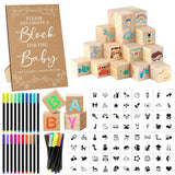 97 Pcs Baby Shower Game Sign Set Includes Decorative Square Signs 56 Diy Blank Wooden Blocks 20 Paint Markers (Kraft)