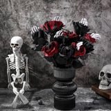 12 Pcs Halloween Artificial Roses Bouquet Long Stem Faux Red And Black Roses Bundles Fake Flowers With Skeleton Spider Halloween Floral Picks For Vase Arrangements Table Decorations