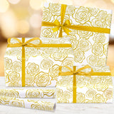 Wedding Wrapping Paper, 7 Sheets Golden Rose Pattern In White Art Paper With 1 Roll Gold Ribbon, 20 X 28 Inch Per Sheet Folded Flat Gift Wrap For Weddings, Birthday, Baby Showers, Bridal Showers