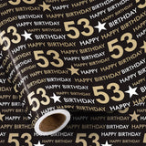 53Rd Birthday Wrapping Paper Roll, Min Roll, Black Gold Design With Stars And Happy Birthday Gift Wrap Paper For Age 53 Men, Women, 53Rd Birthday Party Celebrations, 17 Inches X 16.4 Feet