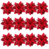 Christmas Glitter Poinsettia Flowers Artificial Flowers For Christmas Tree Decorations Red Wreath Florals With Stems And Clips 12 Pieces
