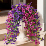 Fake Artificial Flowers For Outdoors, 4 Pcs Faux Hanging Pansy Flowers Spring Summer Decor, Uv Resistant No Fade Fake Plants Silk Flower For Planter Front Door Porch Patio Yard Garden(Purple Rose Red)