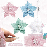 12 Pcs Christmas Tree Pastel Poinsettia Christmas Candyland Decorations Glitter Flowers 6" Xmas Tree Decorations With Clips Stems Xmas Ornaments For Wedding Party Wreath Decoration