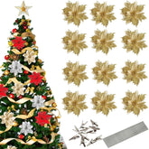 12 Pcs Gold Poinsettia Flower Artificial Poinsettias With Clips, Xmas Flower Decor With Stems, Glitter Poinsettia Christmas Ornaments, Diy Xmas Wreath Christmas Tree Decorations Home Party Decors