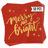 Merry And Bright Christmas Napkins 50 Pcs - Gold Foil Christmas Cocktail Napkins Paper, Christmas Paper Napkins, Christmas Dinner Napkins, Holiday Cocktail Napkins, Merry And Bright Christmas Decor