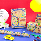 30" X 32.8' Dinosaur Birthday Wrapping Paper Large Kraft Paper Roll, Jumbo Roll, Coloful Dinosaur, Construction Vehicle And Happy Birthday Text Kraft Gift Wrap For Kids Boys Party, 82 Sq. Ft