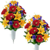 Artificial Cemetery Flower For Graves, Set Of 2 Cemetery Memorial Flowers With Vase For Gravesite Outdoor Headstone Tombstone Decorations, Artificial Lily Rose Gerbera Flowers Bouquets