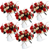 6 Sets Valentine'S Day Centerpiece For Table Artificial Rose With Vase Fake Bouquets And Metal Pot Floral Arrangements For Wedding Holiday Party Event Table Decor (Red)