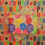 Kraft Birthday Wrapping Paper - 30 Inch X 10 Feet (3 Rolls: 75 Sq. Ft. Ttl.) - Balloons & Star Design Perfect For Birthday, Party, Baby Shower, Christmas, Gift Wrap