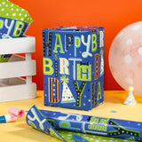 Reversible Boys Birthday Wrapping Paper Roll, Mini Roll, Blue Happy Birthday Letters And Green Polka Dot Design Gift Wrap Paper For Kids Boys, Holiday 17 Inches X 16.4 Feet