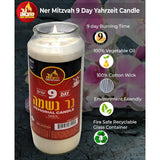 Ner Mitzvah 9 Day Yahrzeit Candle - 1 Pack Kosher White Yahrzeit Memorial Candles - Yom Kippur and Holiday Candle in Glass Jar - 100% Vegetable Oil Wax Prayer Candle