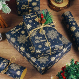 Christmas Wrapping Paper Roll, Navy Blue Kraft Wrapping Paper With Brown Happy New Year And Snowflake Design, Vintage Gift Wrapping Paper Roll For New Year Xmas Winter Holiday, 17 Inch X 33 Feet