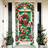 Christmas Door Cover Elf Banner 71 X 35 Inch Holiday Green Door Backdrop With Santa’S Helpers Hanging Wreath Candy Ornaments And Snow For Christmas Party Wall Decor Front Door