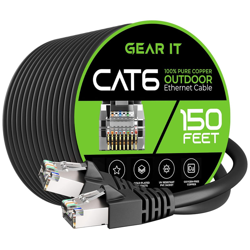 GearIT Cat6 Outdoor Ethernet Cable (150ft) 23AWG Pure Copper, FTP, LLDPE, Wate