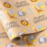 1St Birthday Wrapping Paper Roll, Jumbo Roll, Jungle Animal Gift Wrap Paper, Cute Lion, Elephants, Giraffe Kraft Paper For Age 1 Kids, Baby Shower, Birthday And More, 30 Inches X 32.8 Feet