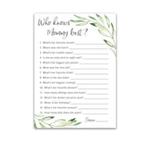 Greenery Baby Shower Games Who Knows Mommy Best - Pack Of 25 - Gender Neutral Baby Shower Game New Parent Couples Coed Reveal Fun Guessing Game Mom To-Be Green Olive Branch Shower Activity G320-Wkm