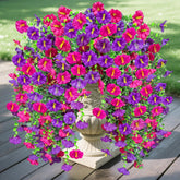 4Pcs Artificial Fake Hanging Flowers Plants For Outdoor Summer Decor, Uv Resistant Faux Morning Glory Eucalyptus Realistic Silk Petunias For Planter Porch Garden Balcony Yard Indoor (Purple Fuchsia)
