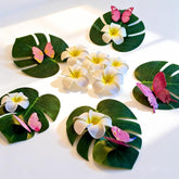 72Pcs Hawaiian Party Decor Set (Artificial Plumeria Flowers, Monstera Leaves, Butterflies & Glue) For Beach Luau, Summer Party, Jungle Theme Wedding, Birthday Table Decor