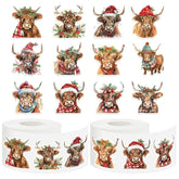 1000Pcs Christmas Highland Cow Roll Stickers Watercolor Rustic Cow Self-Adhesive Label Decals For Winter Xmas Seal Cards Envelopes, 2 Rolls, 12 Designs