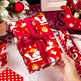 Reversible Christmas Wrapping Paper, Red Wrapping Paper, Metallic Foil Elegant Santa Sleigh, Snowman & Deer Design Christmas Gift Wrap For Holiday, New Year (Mini Roll, 17 Inch X 33 Feet)