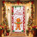 Merry Christmas Gingerbread Man Front Door Decorations Banner - Christmas Gingerbread House Peppermint Candy Cane Door Cover Banner For Xmas New Year Holiday Candy Party Supplies