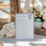 Baby Elephant Baby Shower Game — Dad Jokes Baby Shower Games — Pack Of 25 — Fun Dad Joke Game, Funny Daddy Joke Trivia, Purple Gender Neutral Baby Sprinkle, Sip See, Birthday, Shower Activity G503-Djk