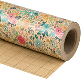 Kraft Floral Wrapping Paper Roll - Mini Roll - 17 Inch X 9.8 Feet - Spring Summer Garden Flower Design Perfect For Wedding, Bridal Shower, Birthday