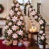 18 Pcs 3 Size Velvet Christmas Poinsettia Flowers Glitter Artificial Poinsettia Flowers With Stems Christmas Tree Ornaments For Xmas Tree Wreath Wedding New Year Holiday Decor(Pink)