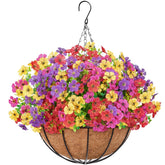 12 Bundles Artificial Hanging Daisy Flowers Baskets For Outdoor Decor, Plastic Fake Flowers For Indoor Garden Porch Patio Balcony, Mix For Fuchsia Purple Yellow Red