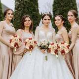 Wedding Bridesmaid Bouquet Set Of 4 - Artificial Flowers Bouquets For Bridesmaids Pre-Made 7 Inch Faux Small Floral Bouquets Bridal Shower, Wedding, Ceremony, Anniversary - Champagne & Burnt Orange