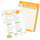 Orange Little Pumpkin Baby Shower Games, Phone Hunt And Word Scramble 2 Game Bundle - 20 Cards, Little Pumpkin Gender Reveal