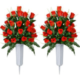 Artificial Cemetery Flowers, Grave Decorations Roses, Memorial Flowers Bouquet With Cemetery Vase, 2 Sets (Red)