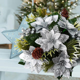 Poinsettias Flowers Artificial Glitter Christmas Flowers Artificial For Home Party Table Door Decor (Silver)