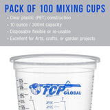 TCP Global 10 oz. (300ml) Graduated Plastic Mixing Cups - Box of 100 with 50 Mixing Sticks - Disposable Plastic Measuring Cups for Liquids, Paints, Resin, Epoxy, Art, Kitchen - Ratios 2-1, 3-1, 4-1 ML