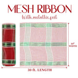 10 Inch Wide Red Green And White Deco Mesh Metallic Plaid Deco Mesh Ribbon For Christmas Tree, Garland, Staircase, Mailbox, Centerpiece, Wreaths, Decorating And Crafts (30 Feet)