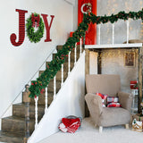 12 Inch Christmas Joy Home Sign - Wooden Wall Decor With Buffalo Plaid Hanging Letter And Faux Green Farmhouse Wreath - Large Indoor Outdoor Decoration With Plaid Bow (Red-Black)