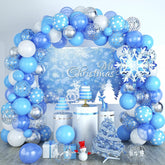 Christmas Snowflake Balloon Garland Arch Kit With Snow Backdrop Banner Pearl Blue White Metallic Silver Latex Balloons Polt Dot Snowflake Confetti Winter Xmas New Year Party Decoration Supplies