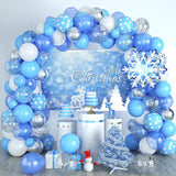 Christmas Snowflake Balloon Garland Arch Kit With Snow Backdrop Banner Pearl Blue White Metallic Silver Latex Balloons Polt Dot Snowflake Confetti Winter Xmas New Year Party Decoration Supplies