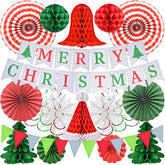 Christmas Party Decorations - Reusable Indoor Decor Kit With Merry Christmas Sign Banner, Pennant Banner & Hanging Paper Tissue Fan Tree Garland